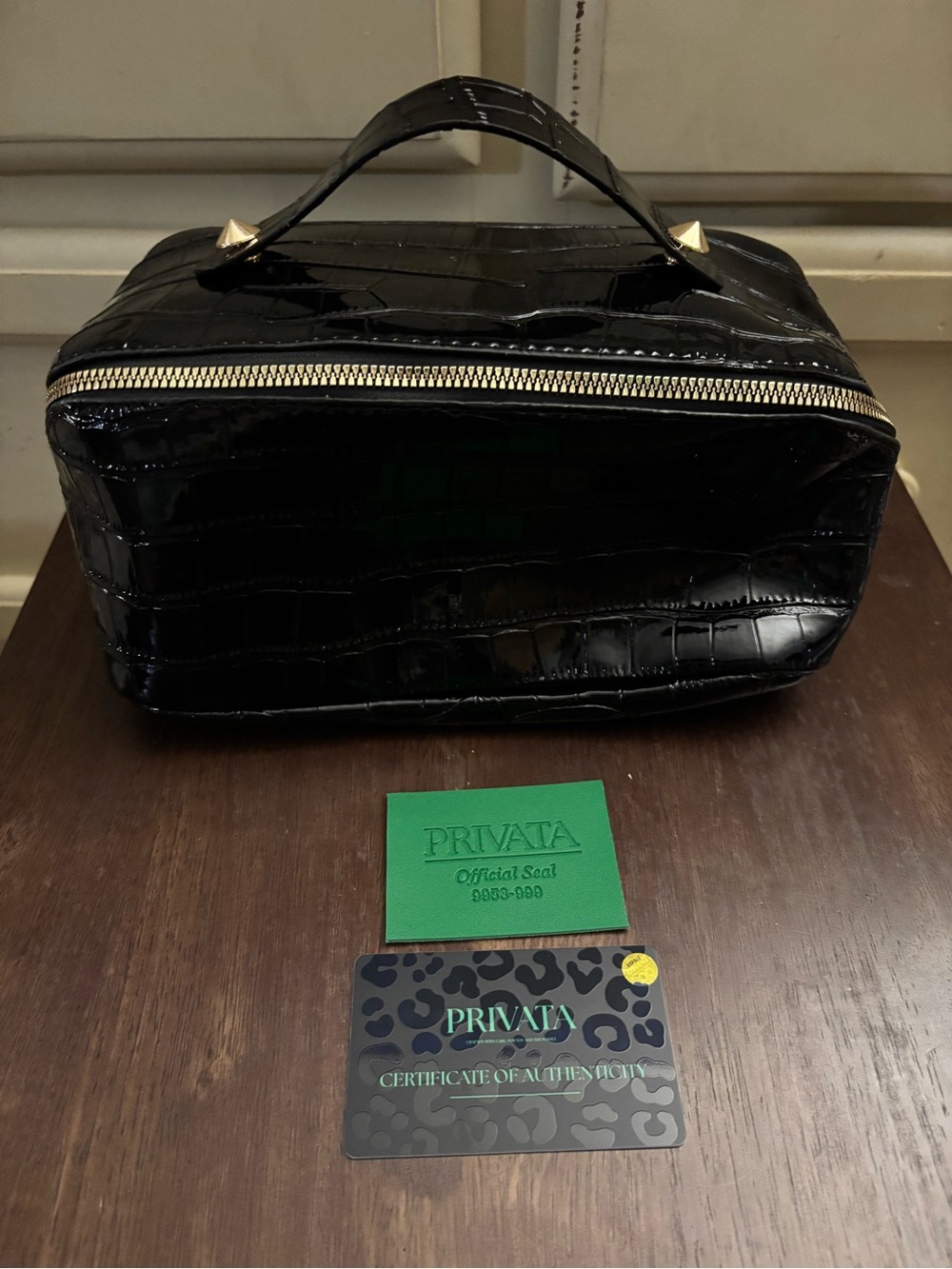 Black Croc-Embossed Cosmetic Handle Bag, brand new with COA